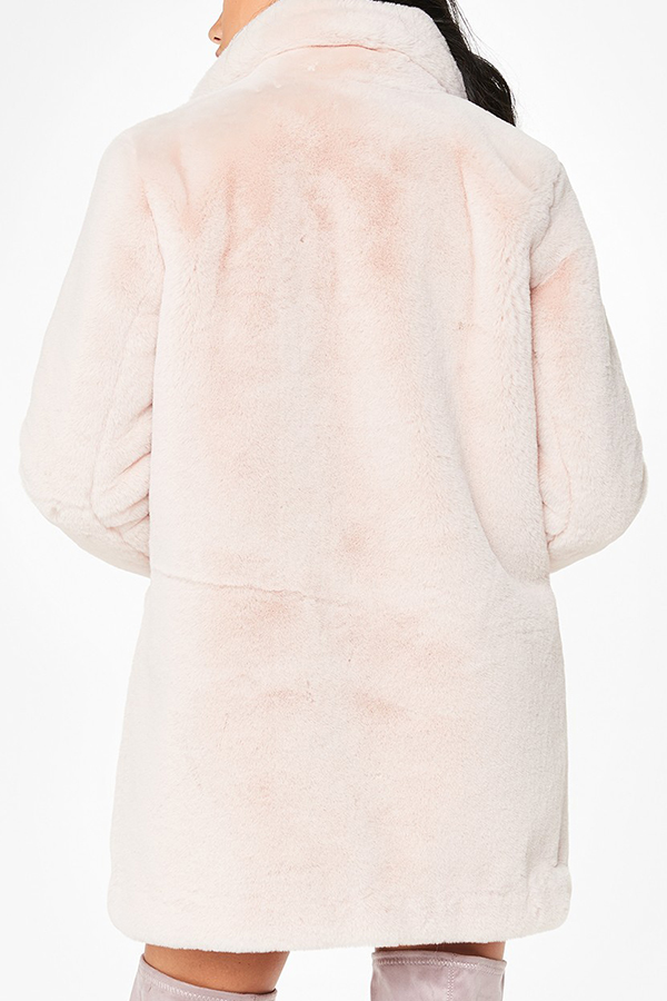  Euramerican Turndown Collar Pocket Design Pink Faux Fur Regular Coat