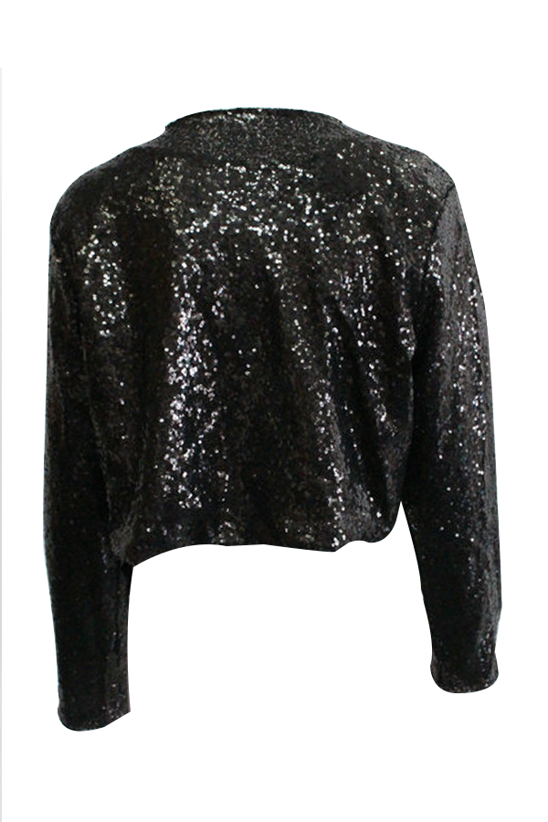  Euramerican Turndown Collar Sequins Decoration Black Polyester Coat