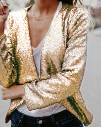  Euramerican Turndown Collar Sequins Decoration Gold Polyester Coat
