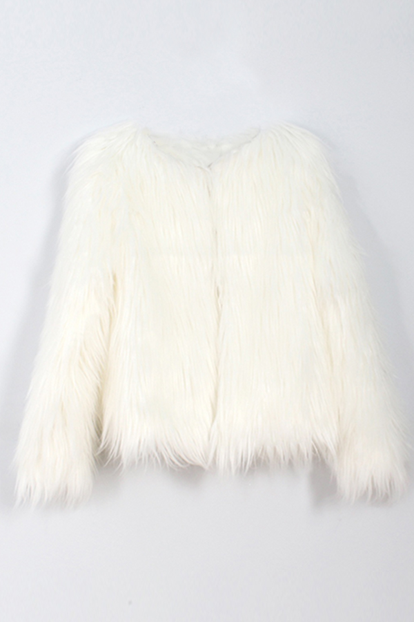  Fashionable Round Neck Long Sleeves White Faux Fur Coat