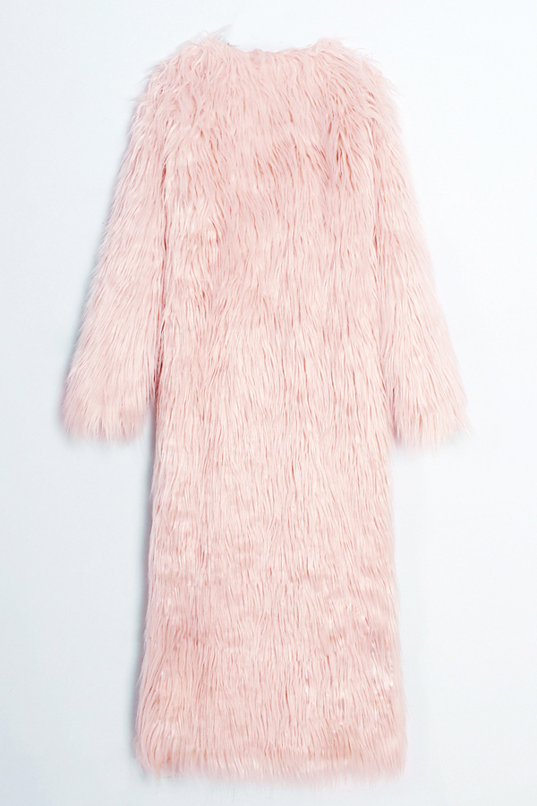 Fashionable V Neck Long Sleeves Pink Faux Fur Long Coat