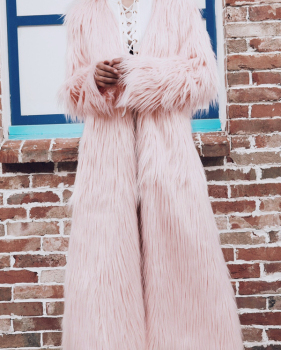  Fashionable V Neck Long Sleeves Pink Faux Fur Long Coat