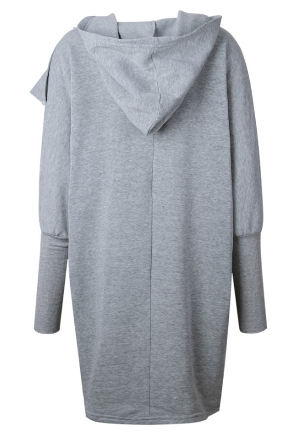  Leisure Hooded Long Sleeves Asymmetrical Light Grey Polyester Long Coat