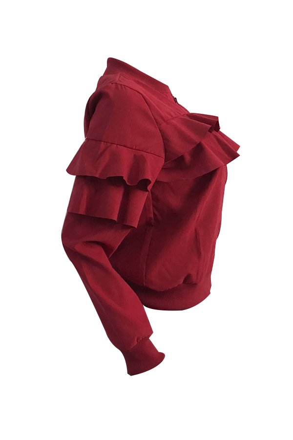  Leisure Round Neck Falbala Design Wine Red Velvet Zipped Coat