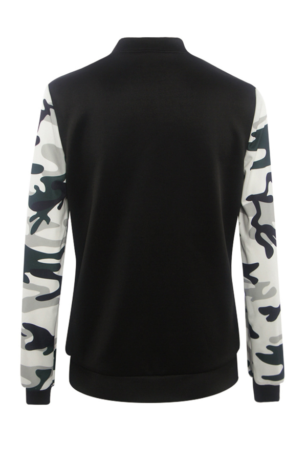  Leisure V Neck Zipper Design Black Polyester Coat