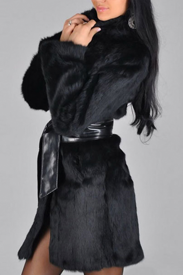  Stylish Turtleneck Long Sleeves Patchwork Black Faux Fur Coat(With Belt)