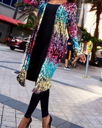 Stylish V Neck Long Sleeves Sequined Decorative Polyester Long Coat