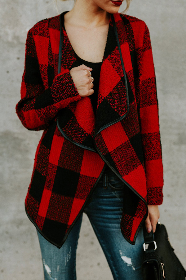  Stylish V Neck Plaids Red Polyester Coat