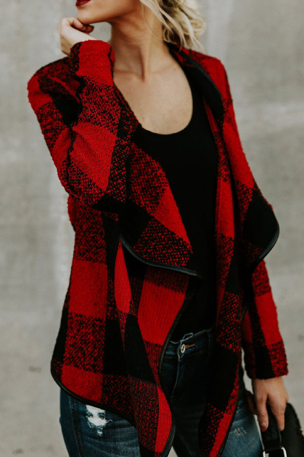  Stylish V Neck Plaids Red Polyester Coat