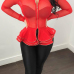  Trendy Round Neck Layered Lotus Leaf Edges See-Through Red Polyester Zipped Jacket(Without Belt)