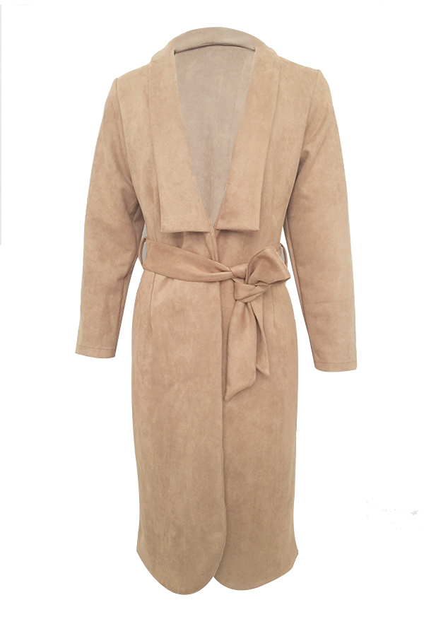  Trendy Turndown Collar Lace-up Apricot Polyester Long Coat