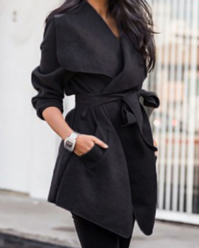  Trendy Turndown Collar Long Sleeves Lace-up Black Polyester Coat