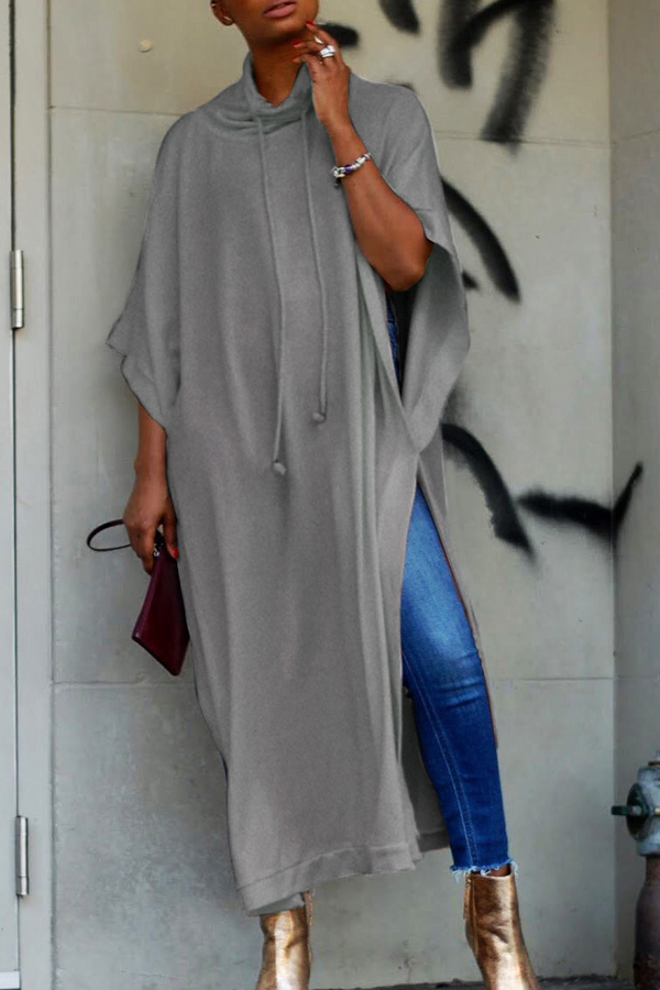 Trendy Turtleneck Half Sleeves Grey Cotton Blends Long Coat