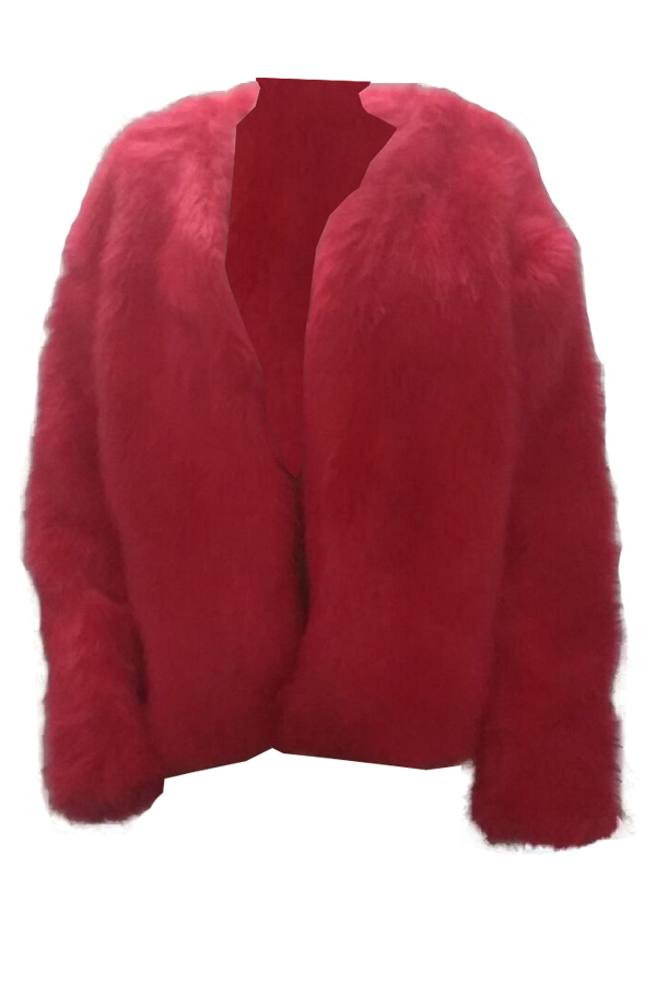  Trendy V Neck Fur Design Red Coat