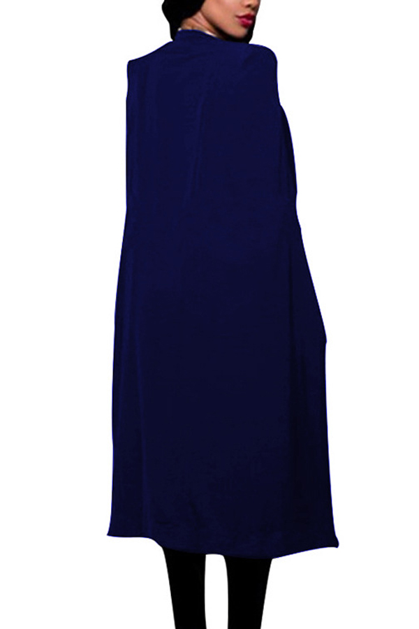  Trendy V Neck Long Sleeves Blue Polyester Long Coat