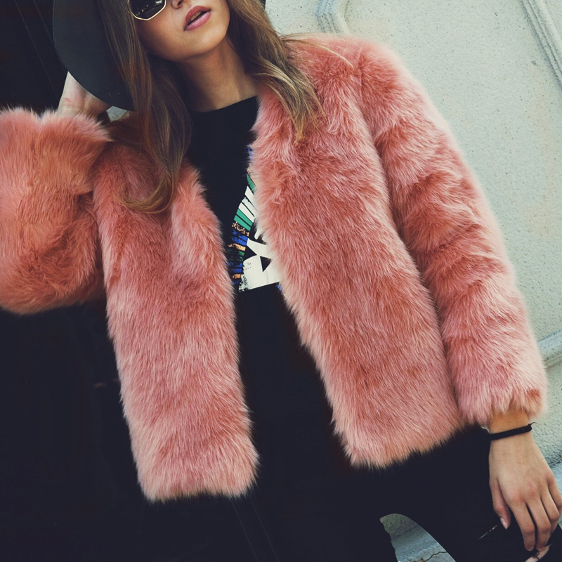  Trendy V Neck Long Sleeves Fur Design Pink Short Coat