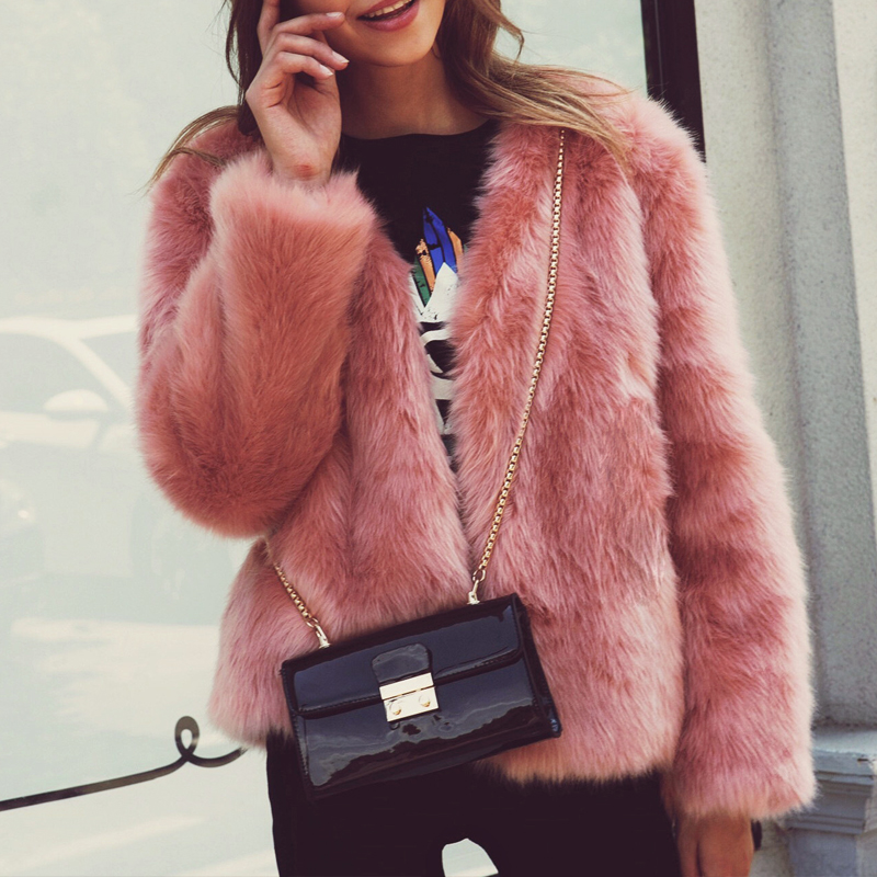  Trendy V Neck Long Sleeves Fur Design Pink Short Coat