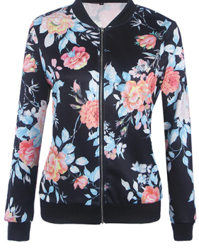 Ethnic Style Round Neck Long Sleeves Printed Black Polyester Coats