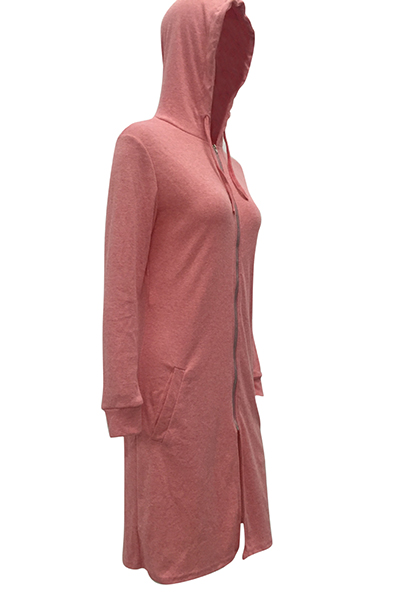 Leisure Hooded Collar Long Sleeves Hollow-out Pink Cotton Long Coat