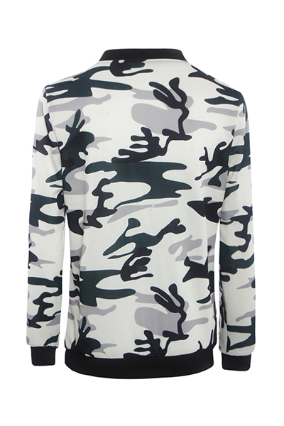 Stylish Round Neck Long Sleeves Camouflage Printed Polyester Coat