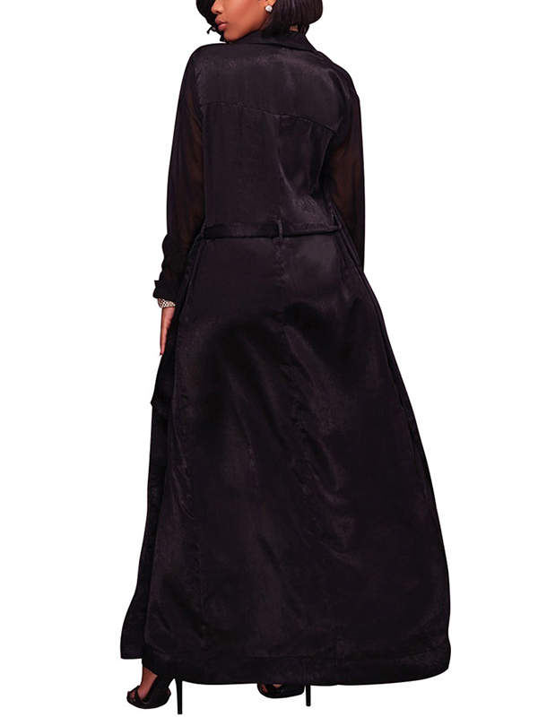 Stylish Turndown Collar Long Sleeves Black Chiffon Long Coat
