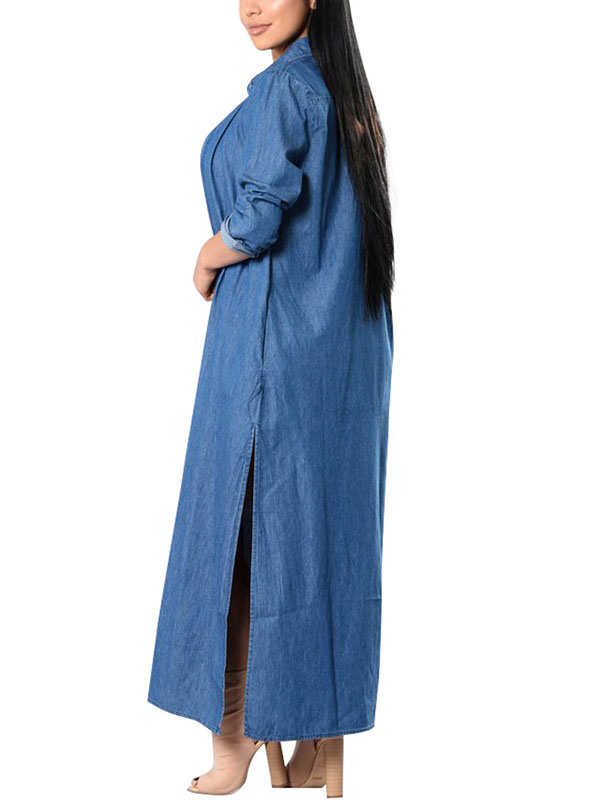Stylish Turndown Collar Long Sleeves Blue Denim Long Coat