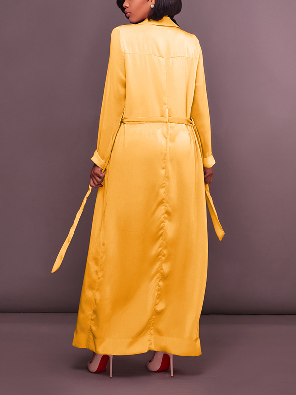 Stylish Turndown Collar Long Sleeves Yellow Chiffon Long Coat