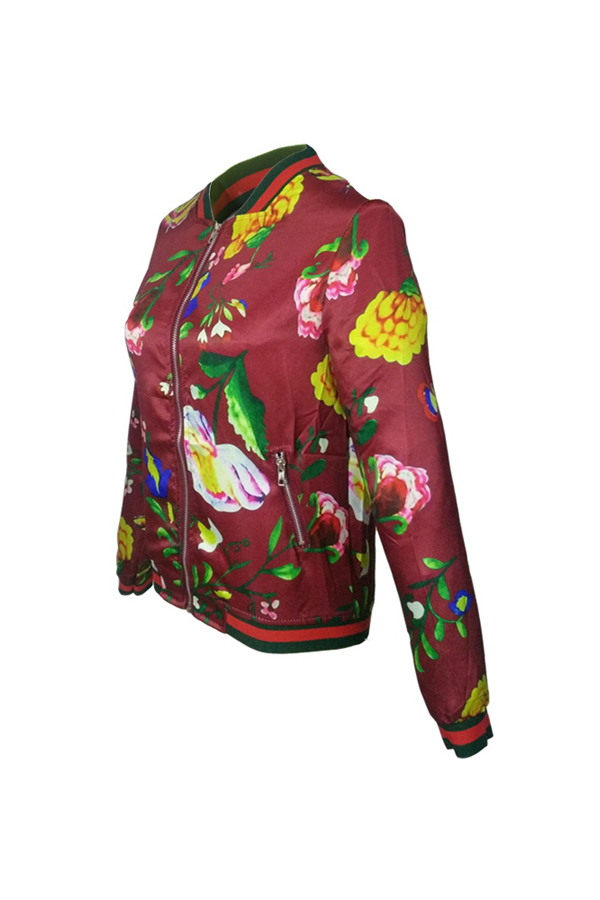 Trendy Round Neck Long Sleeves Printed Red Polyester Short Coat