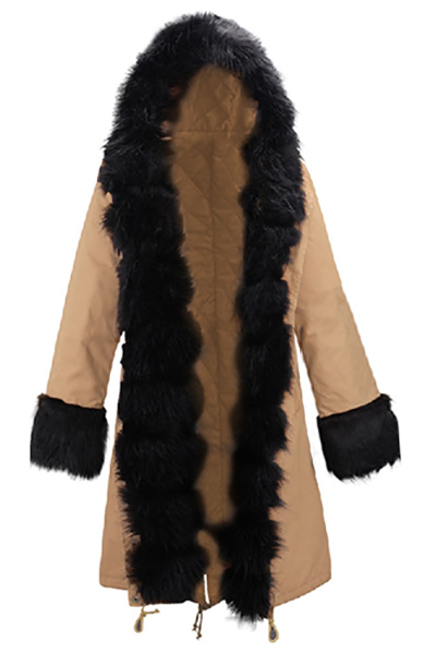 Euramerican Hooded Long Sleeves Fur Design Khaki Cotton Long Parkas