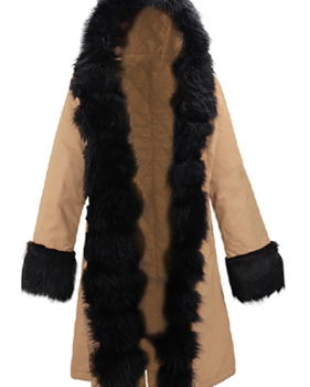Euramerican Hooded Long Sleeves Fur Design Khaki Cotton Long Parkas