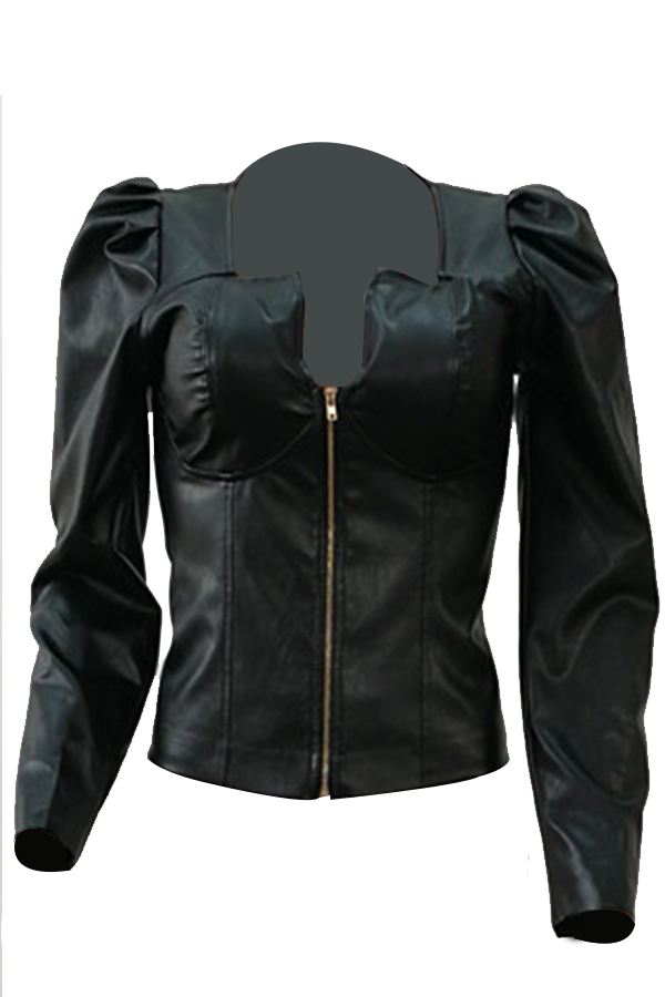  Retro V Neck Zipper Design Black PU Coat