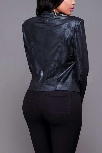 Trendy Turndown Collar Long Sleeves Zipper Design Black PU Jacket