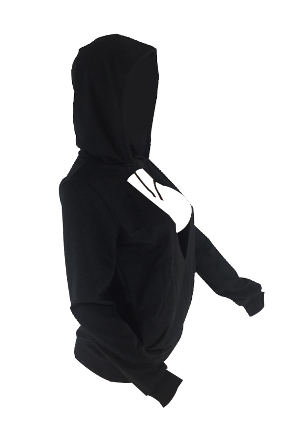  Euramerican Hooded Collar Chest Hollow-out Black Polyester Hoodies