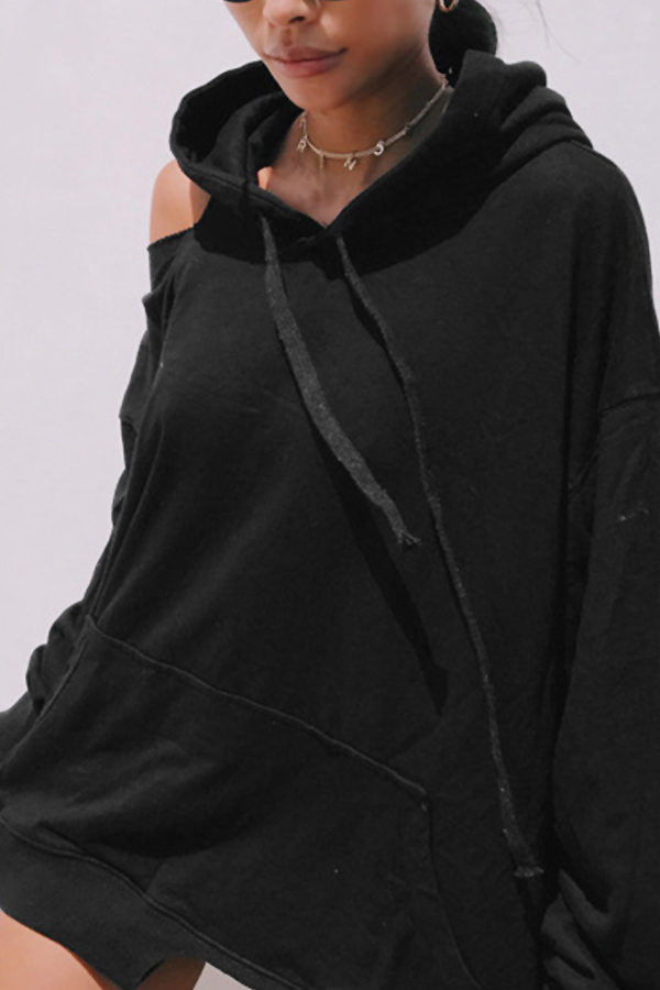  Fashionable Hooded Collar Hollow-out Black Cotton Hoodies