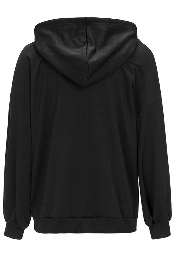  Fashionable Hooded Collar Hollow-out Black Cotton Hoodies