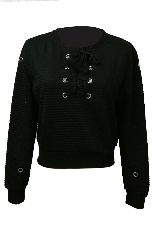  Fashionable V Neck Lace-up Hollow-out Black Polyester Hoodies