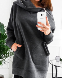  Leisure Hooded Collar Zipper Design Grey Polyester Pullovers