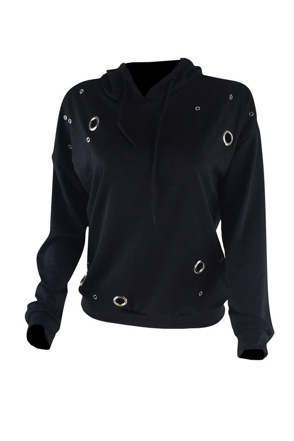 Leisure Long Sleeves Hollow-out Black Polyester Hoodies
