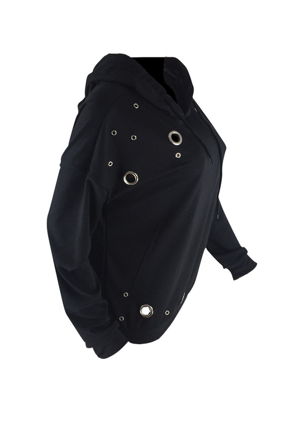  Leisure Long Sleeves Hollow-out Black Polyester Hoodies