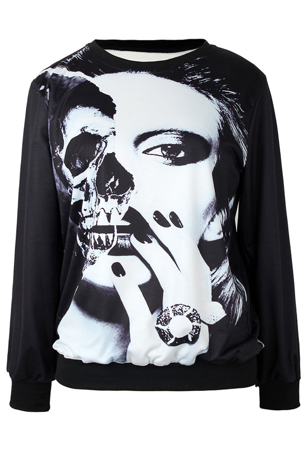  Leisure Long Sleeves Printed Black Cotton Pullovers