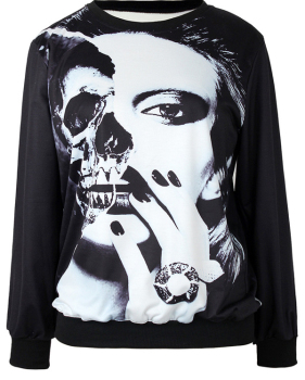  Leisure Long Sleeves Printed Black Cotton Pullovers