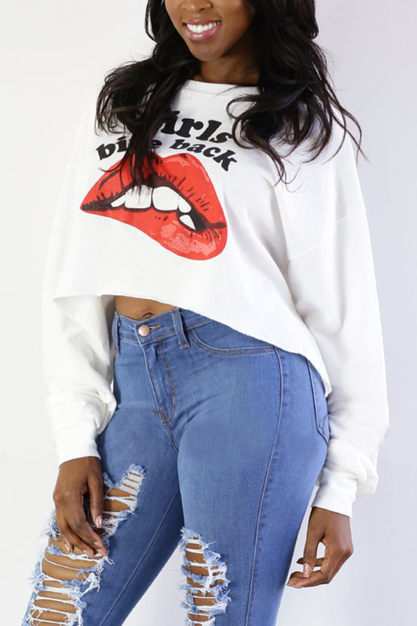  Leisure Long Sleeves Printed White Cotton Pullovers