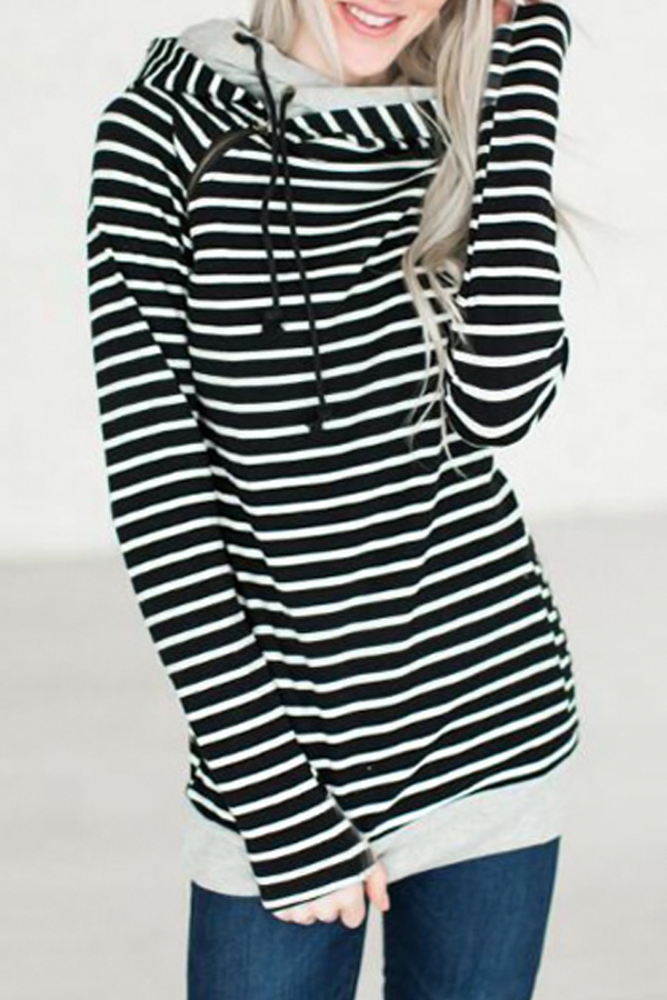  Leisure Long Sleeves Striped Black Polyester Pullovers
