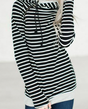  Leisure Long Sleeves Striped Black Polyester Pullovers