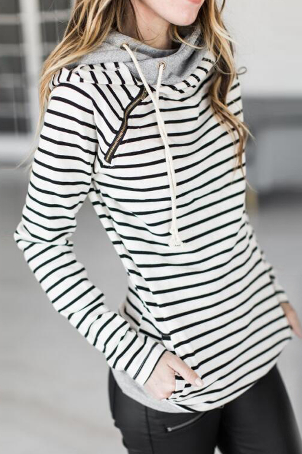  Leisure Long Sleeves Striped White Polyester Pullovers
