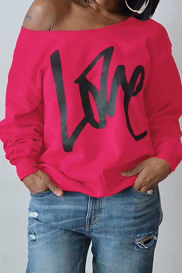  Leisure Round Neck Long Sleeves Letters Printing Rose Red Cotton Pullover