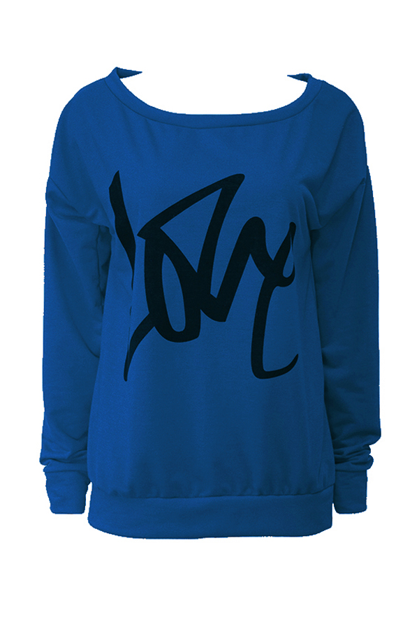  Leisure Round Neck Long Sleeves Letters Printing Royalblue Cotton Pullover