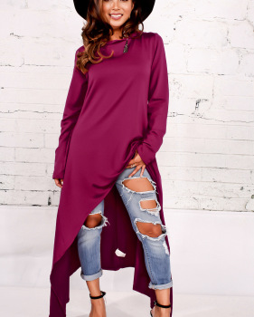  Leisure Round Neck Long Sleeves Purple Cotton Blends Pullovers