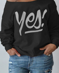  Sexy Dew Shoulder Letters Printing Black Polyester Hoodies