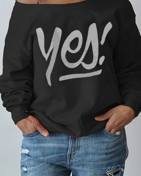  Sexy Dew Shoulder Letters Printing Black Polyester Hoodies